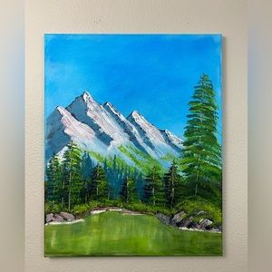 Handmade acrylic painting mountains landscape.